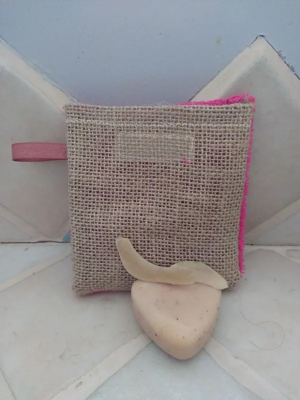 Gantounette rose/jute gommage sauvetage restes de savon